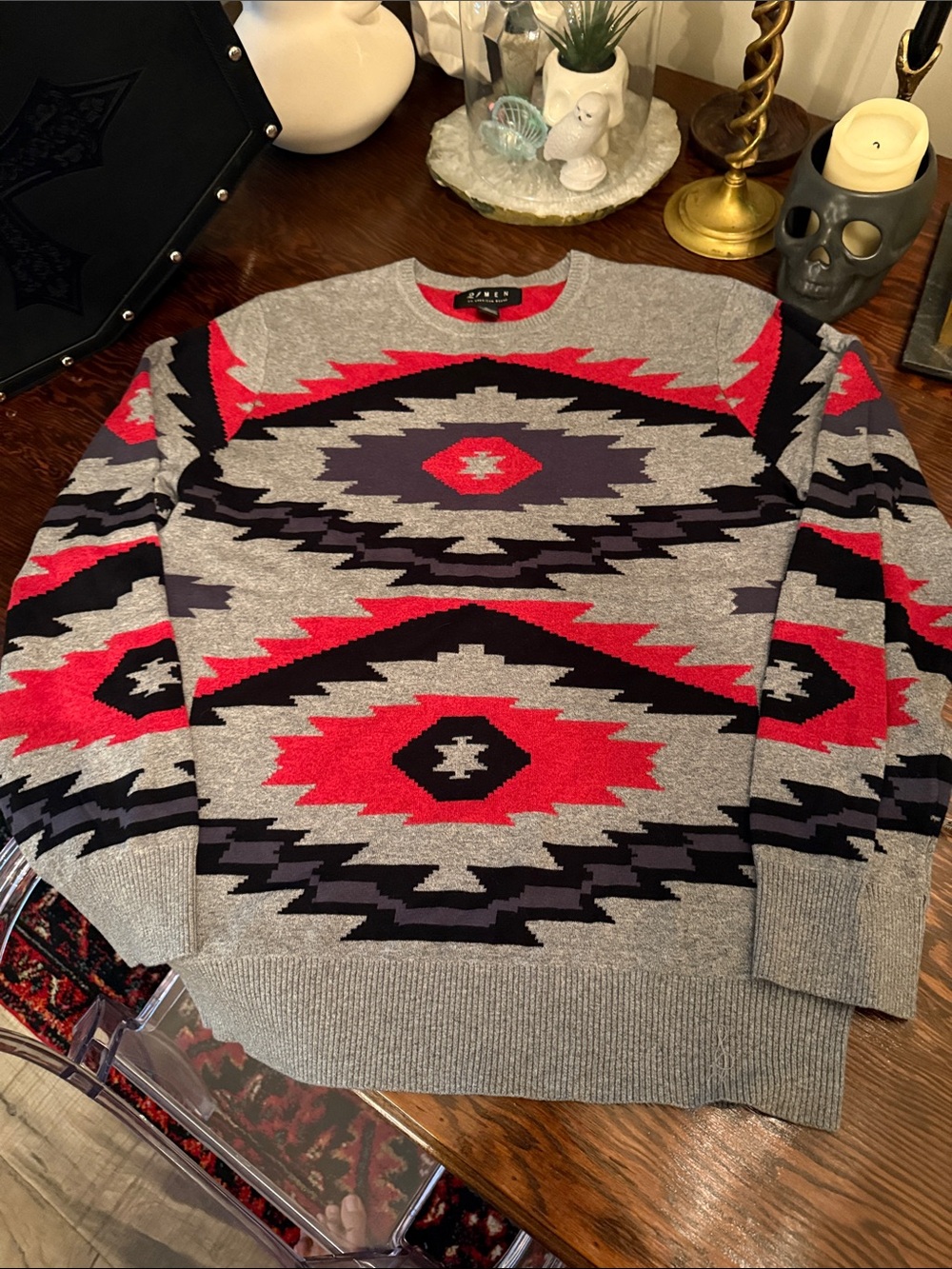 21Men Gray Aztec Knit Sweater with Red & Black Pattern